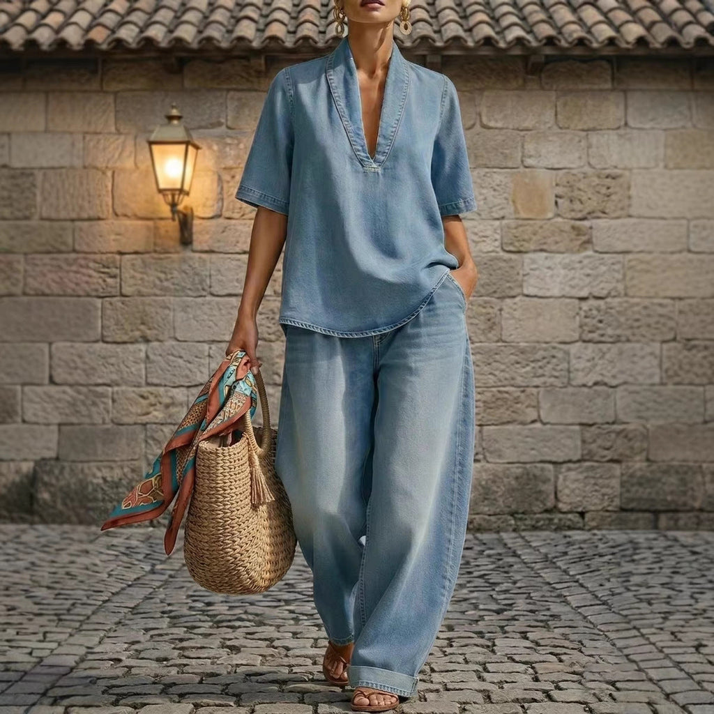 Washed Denim V-Neck Top and Wide-Leg Pants Set - Image 3