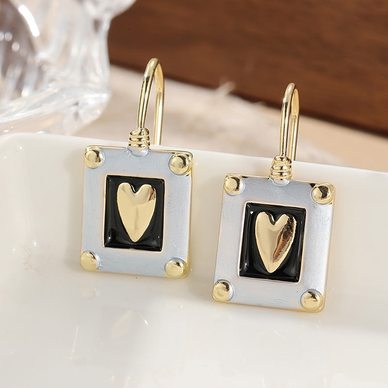 Vintage Black Heart Rectangle Drop Earrings Silver Gold Tone Brass Women Versatile Fashion Jewelry Elegant