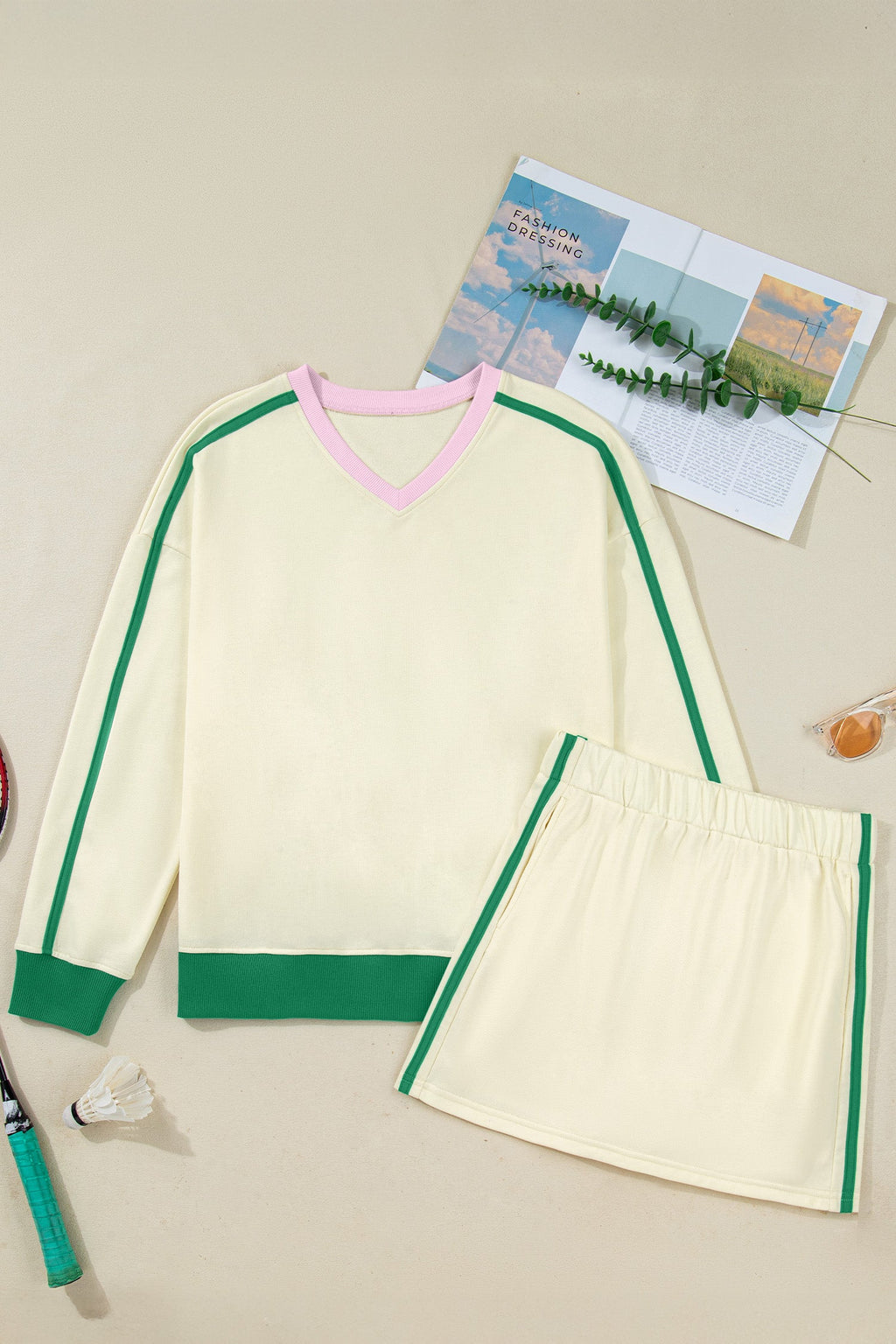 Ribbed Colorblock V-Neck & Skort Athleisure Set