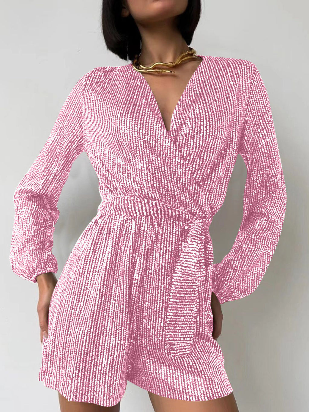 Sequin Surplice Tie Waist Long Sleeve Mini Romper