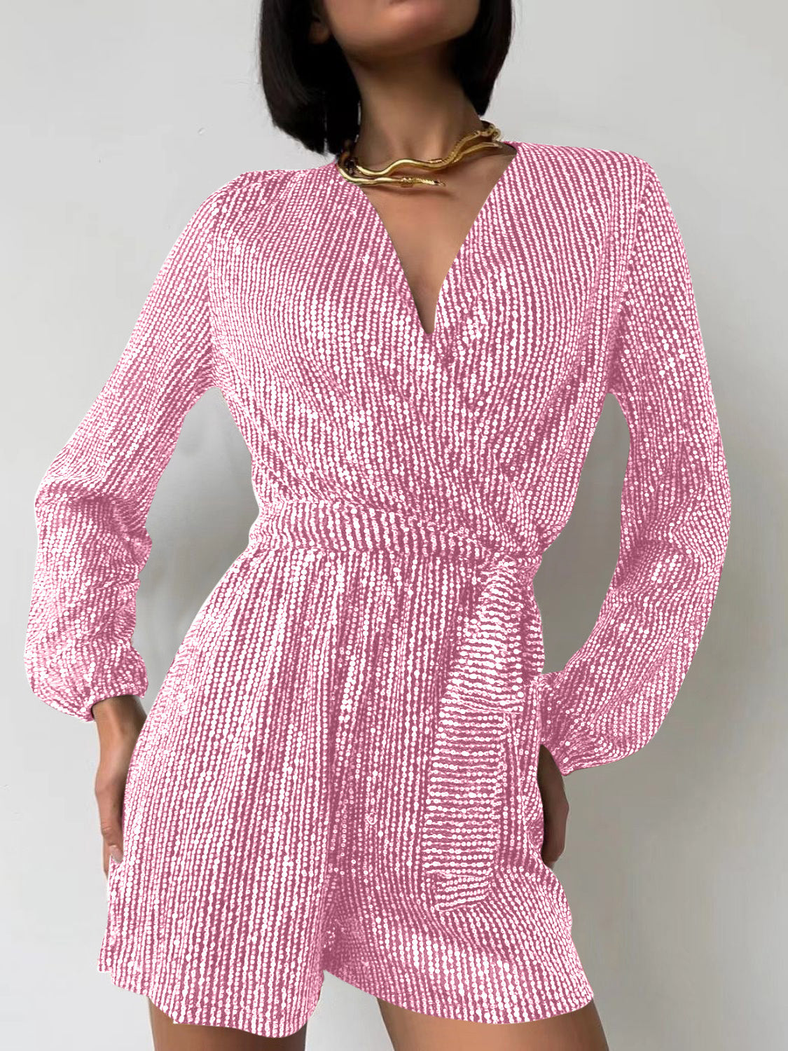 Sequin Surplice Tie Waist Long Sleeve Mini Romper