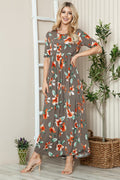 Casual round neck maxi tee dress with floral print and short sleeves