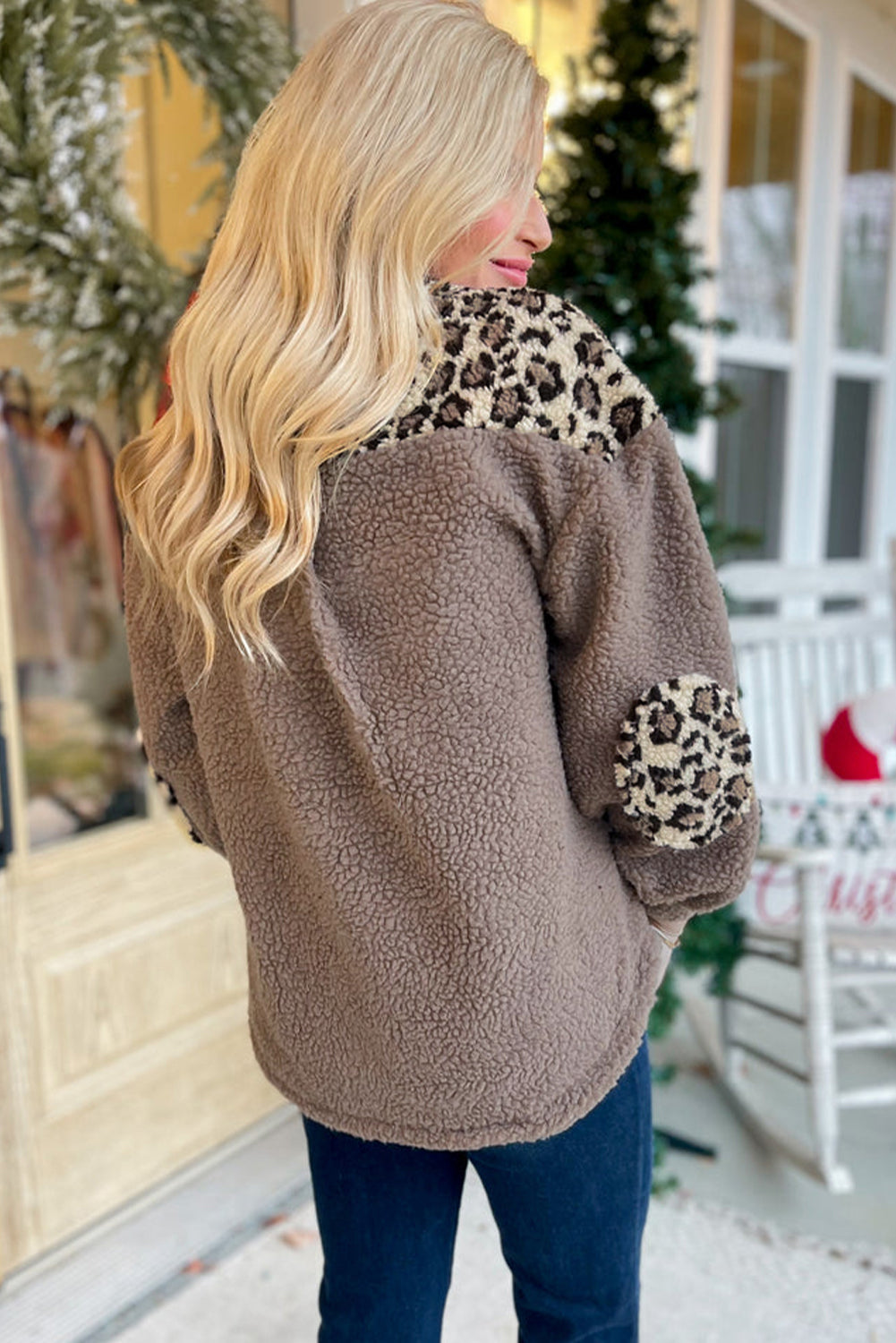 Brown Sherpa Leopard Print Collared Button Up Jacket