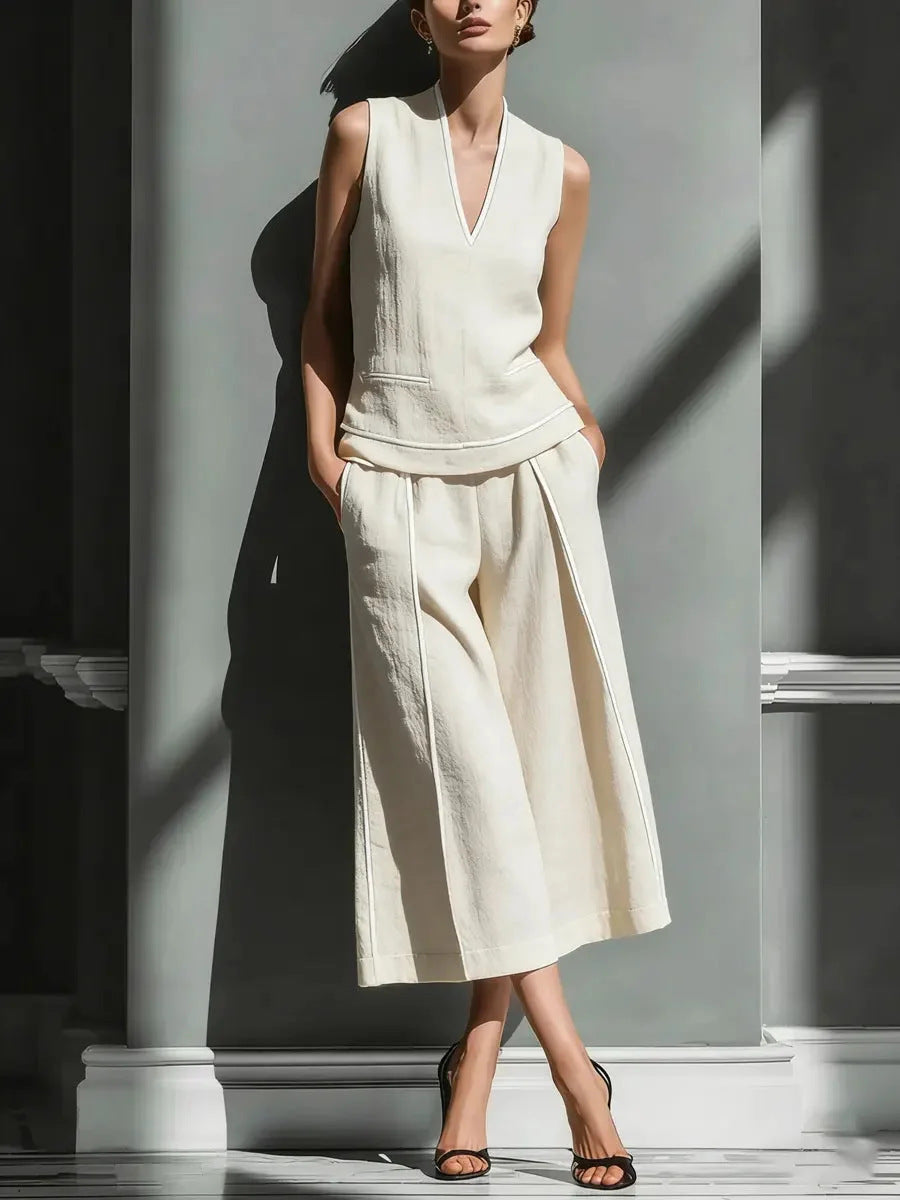 Women's Sleeveless Linen V-Neck Top and Cropped Pants Set