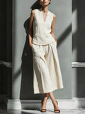 Women's Sleeveless Linen V-Neck Top and Cropped Pants Set