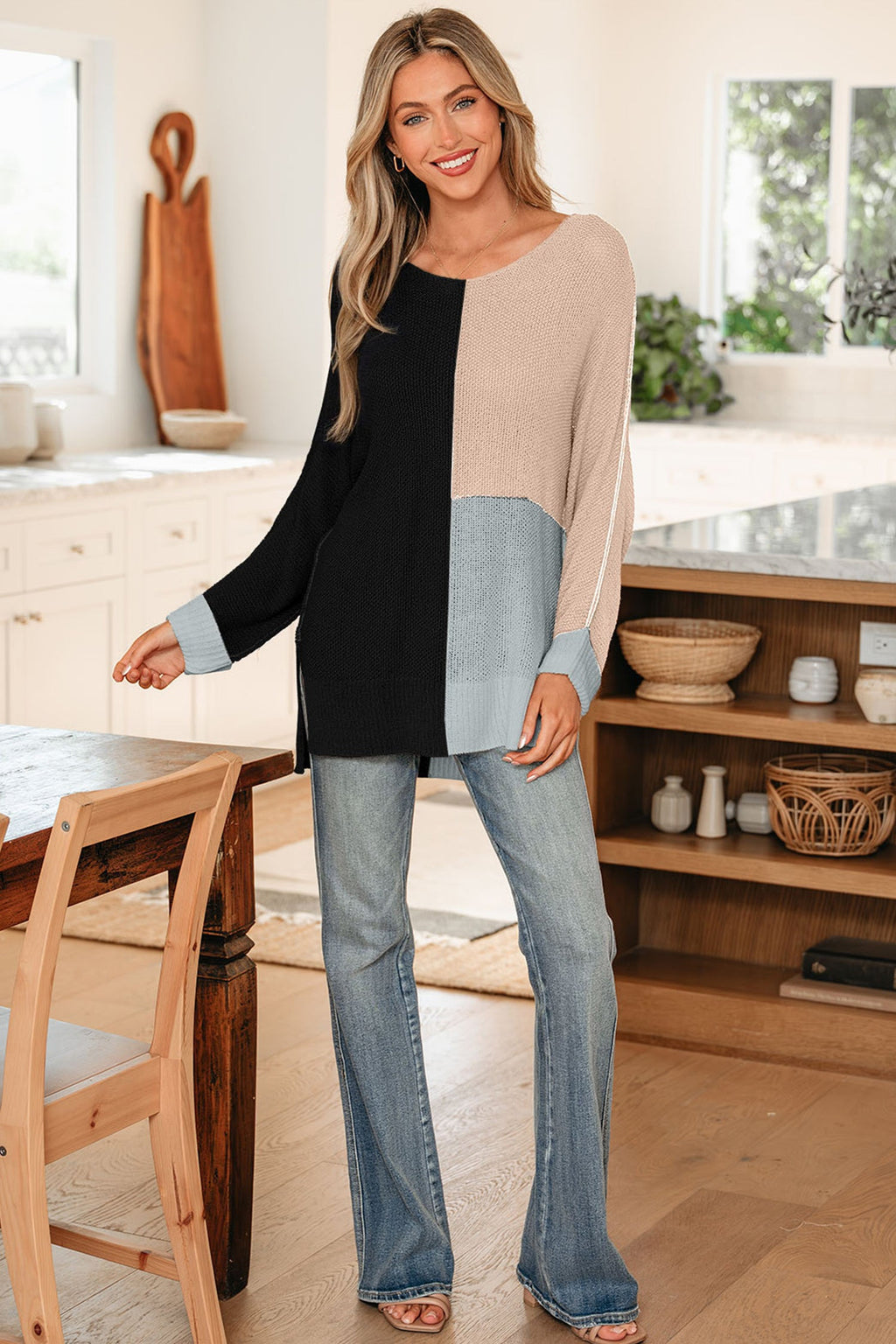 Zayla Color Block Knit Loose Sweater with V-Neck and Side Slits