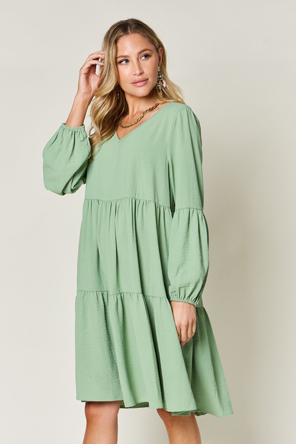 Light Green V-Neck Tiered Midi Dress with Side Pockets