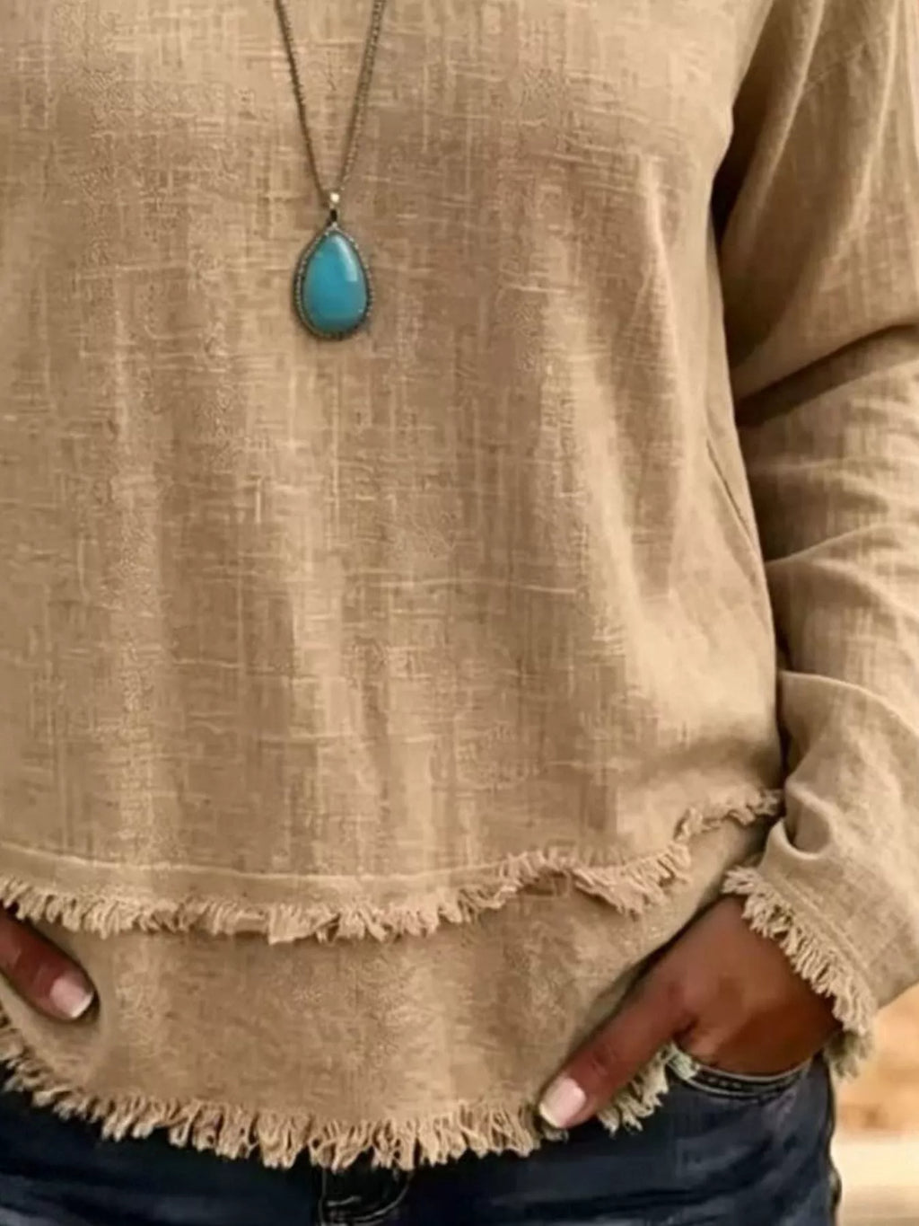 V-Neck Frayed Hem Long Sleeve T-Shirt