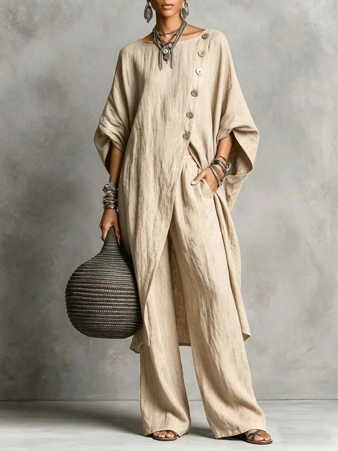 Women's Drop Shoulder Irregular Hem Tunic and Wide Leg Pants Set - Image 8