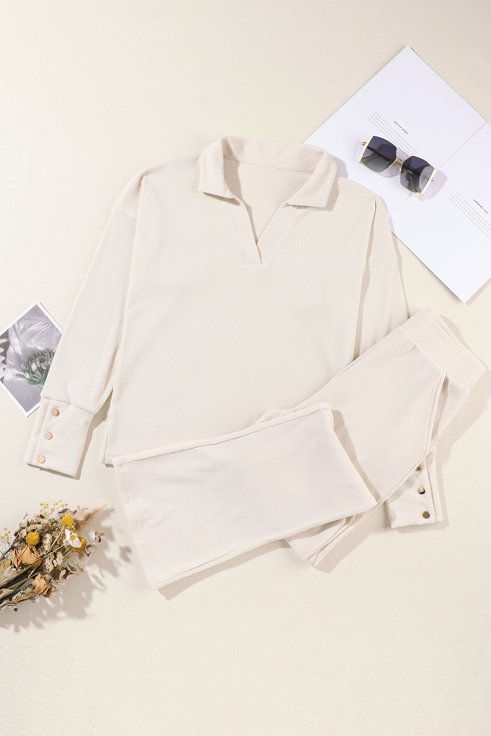 Solid Collared Pullover and Pants Set
