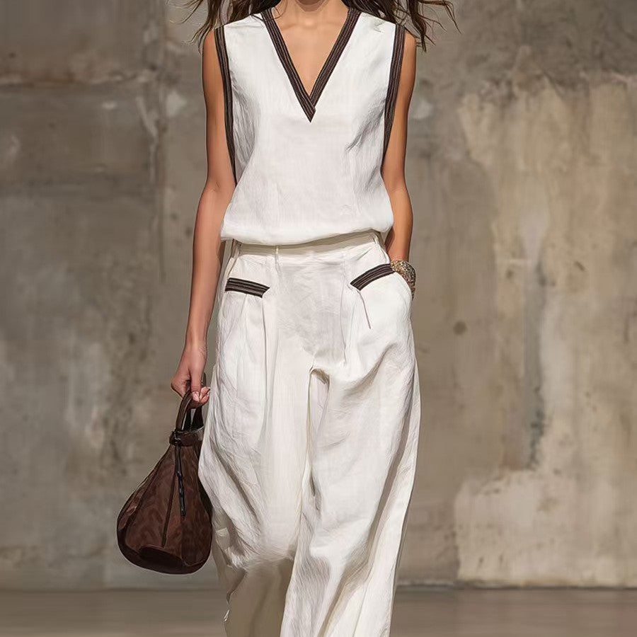 A woman wearing a white sleeveless two-piece set with dark brown trim on the V-neck and pockets, styled as a matching tank top and wide-leg pants.