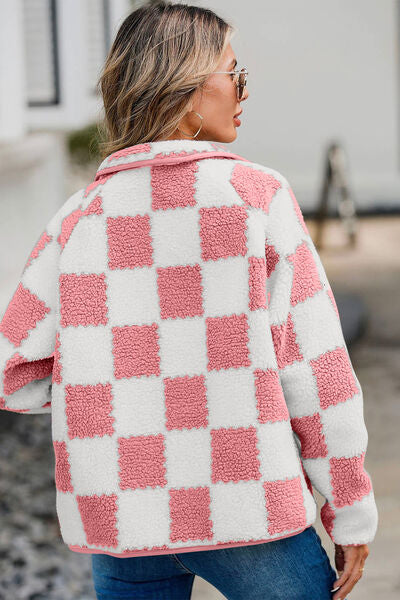 Women’s Checkered Snap Down Teddy Jacket in White and Brown