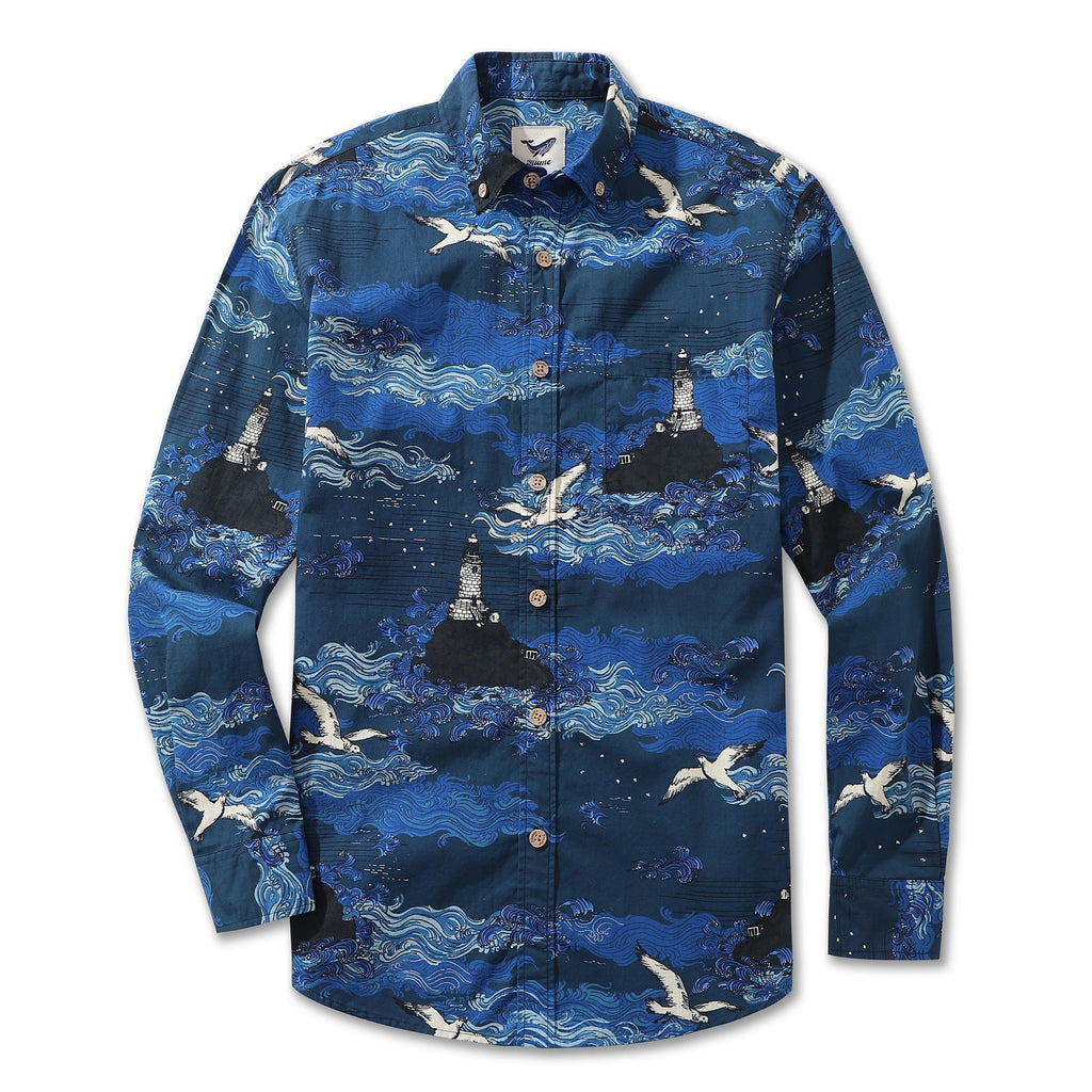 Lighthouse Print Long Sleeve Cotton Hawaiian Shirt for Men