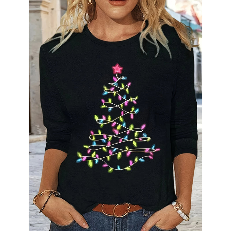 Women’s White Long Sleeve Christmas Tree Graphic T-Shirt