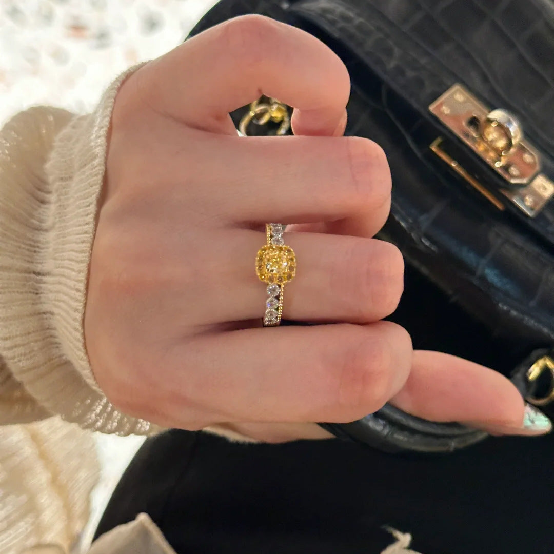Light Luxury Yellow Diamond Sugar Cube & Pineapple Ring, Niche Design, High-End Exquisite Fashion Gemstone Ring For Women