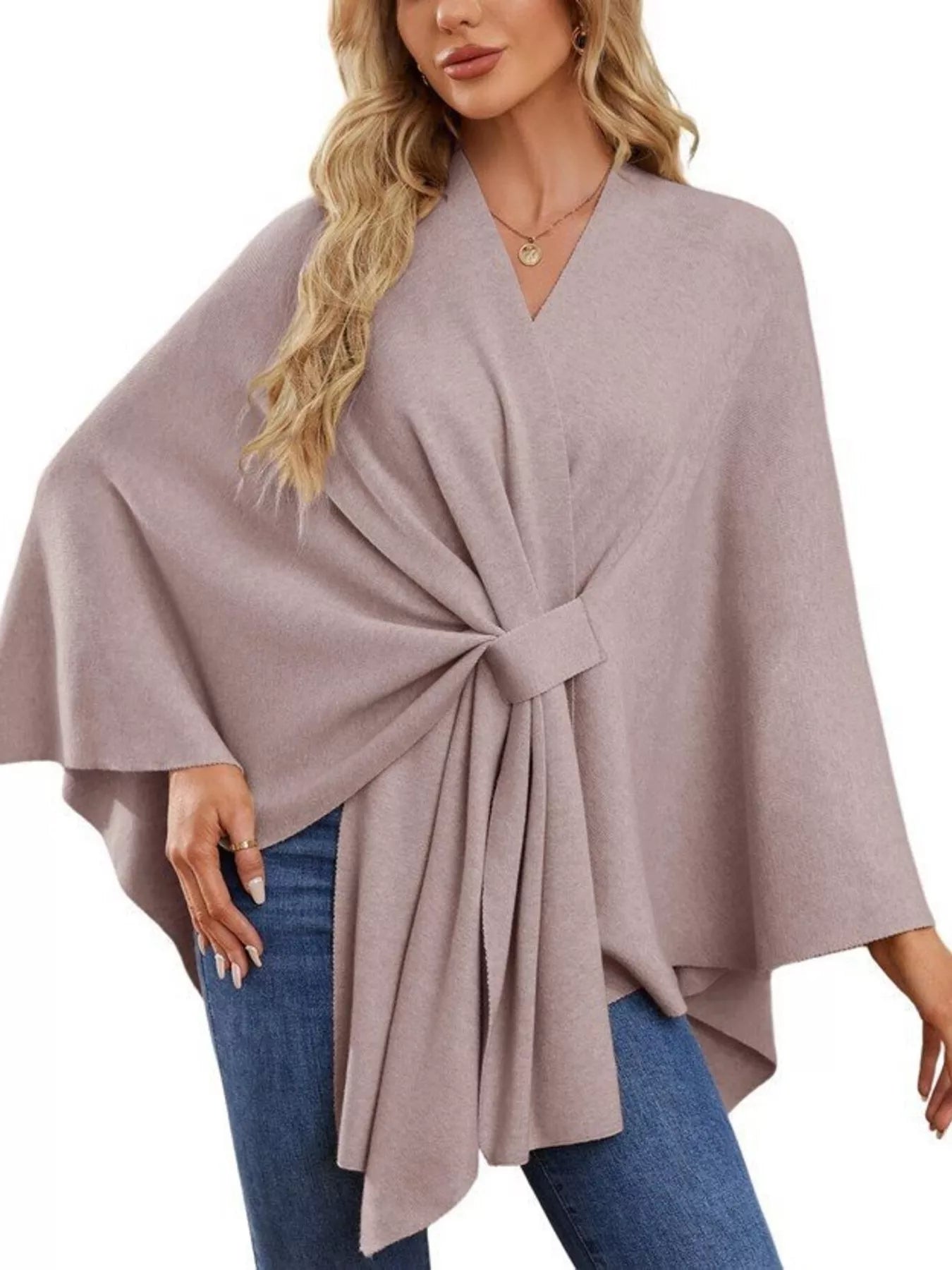 Solid Color Tie-Front Knit Cape Top