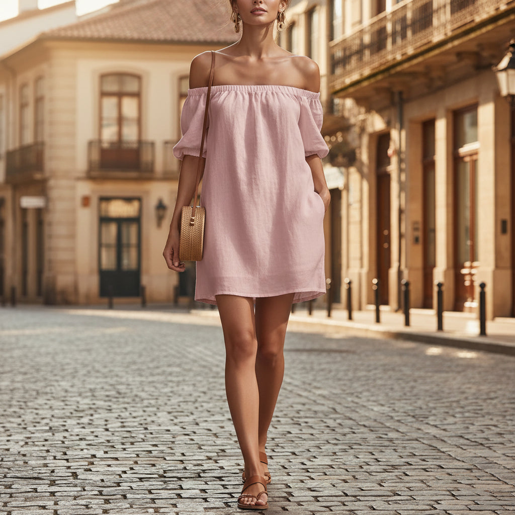 Women's Cotton Linen Off Shoulder Mini Dress with Puff Sleeves - Image 4