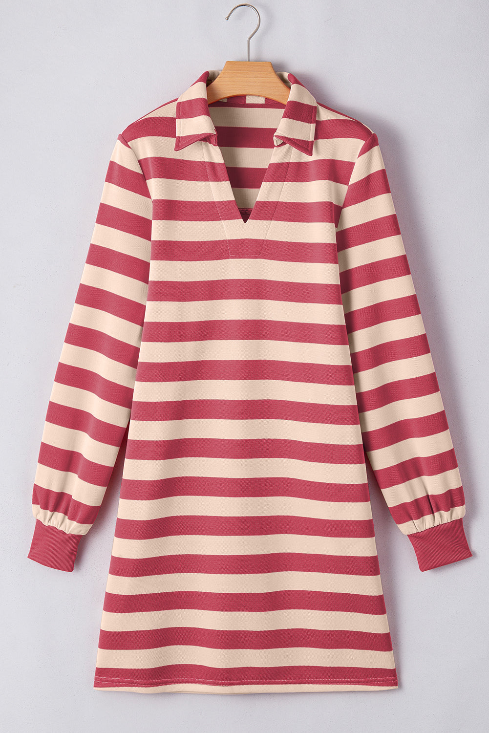 Contrast Striped Collar Long Sleeve Mini Dress in Knit Fabric