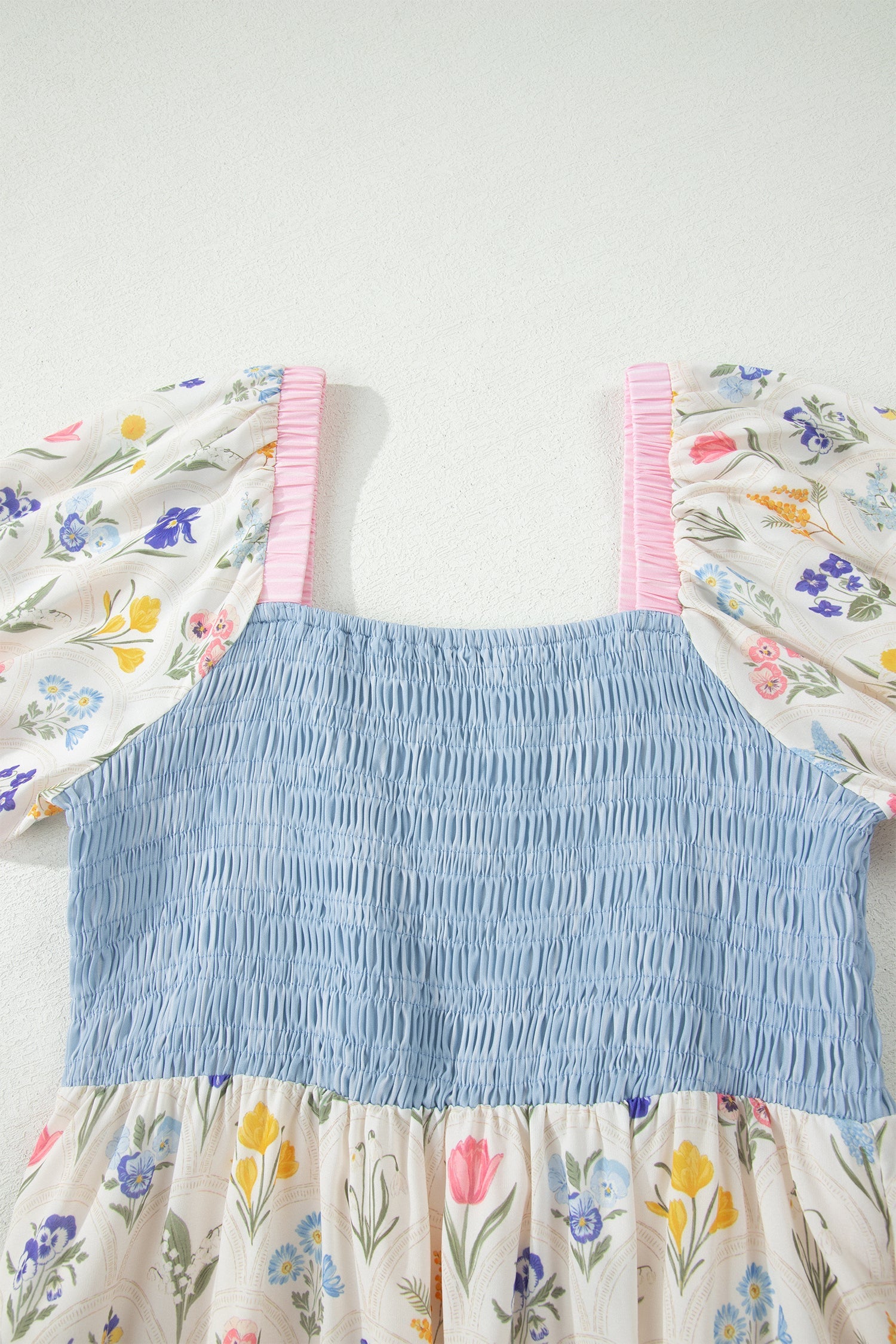 Floral Stripe Colorblock Square Neck Shirred Dress
