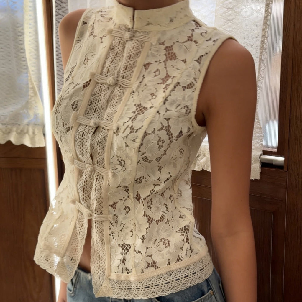 Floral Lace Crochet Sleeveless Top with Mandarin Collar - Image 4