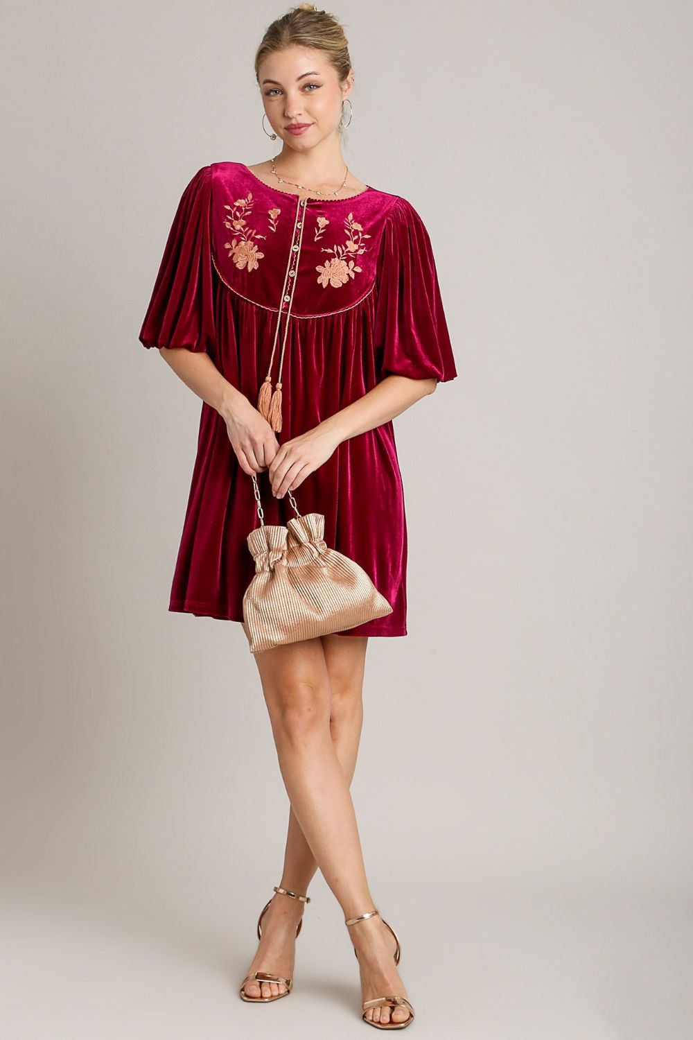 Embroidered Velvet Mini Dress with Tassel Detail