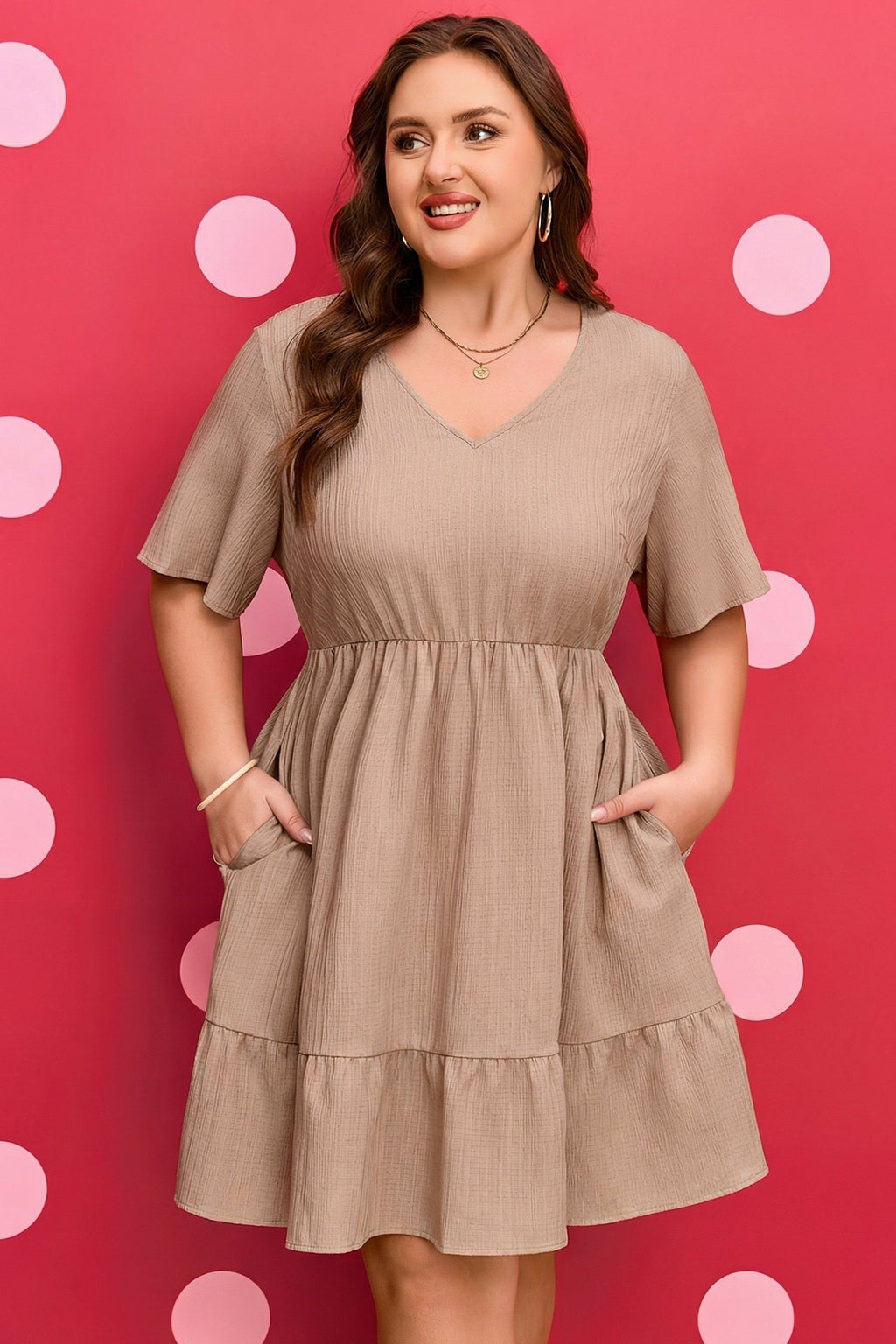 Textured Ruffle V-Neck Mini Dress in Taupe & Khaki