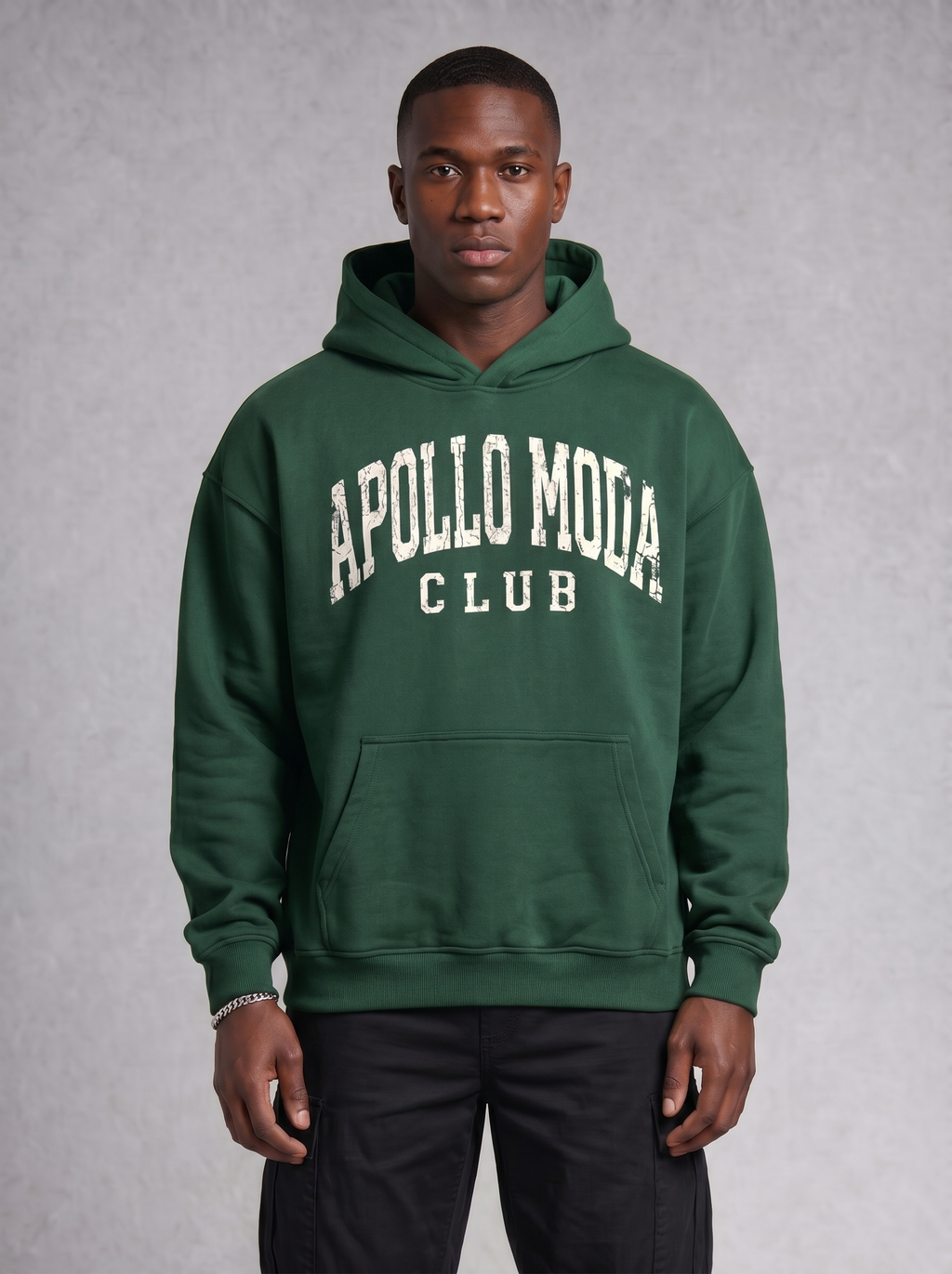 Dark green oversized collegiate heavyweight hoodie with distressed arch graphic and kangaroo pocket
