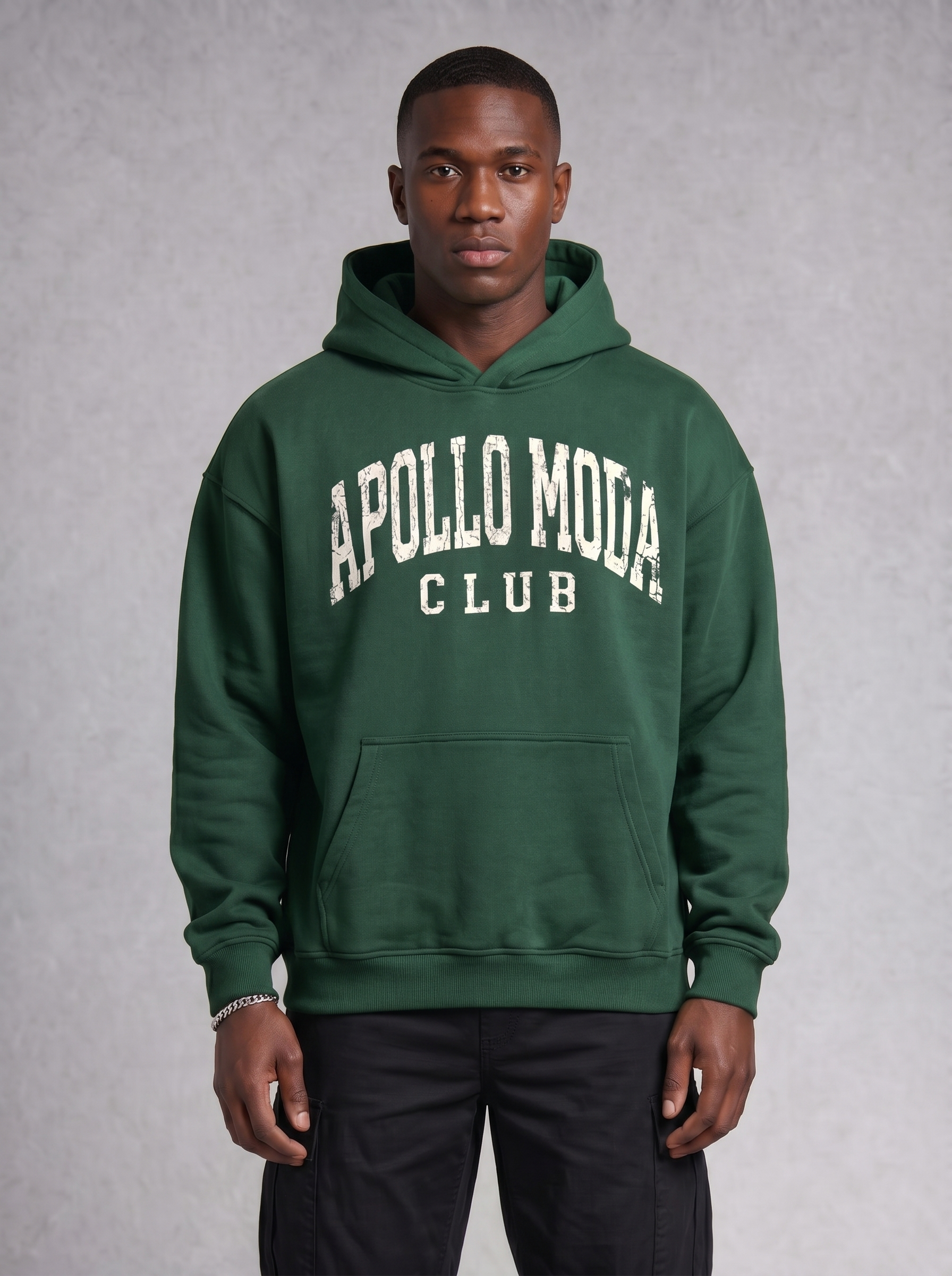 Dark green oversized collegiate heavyweight hoodie with distressed arch graphic and kangaroo pocket