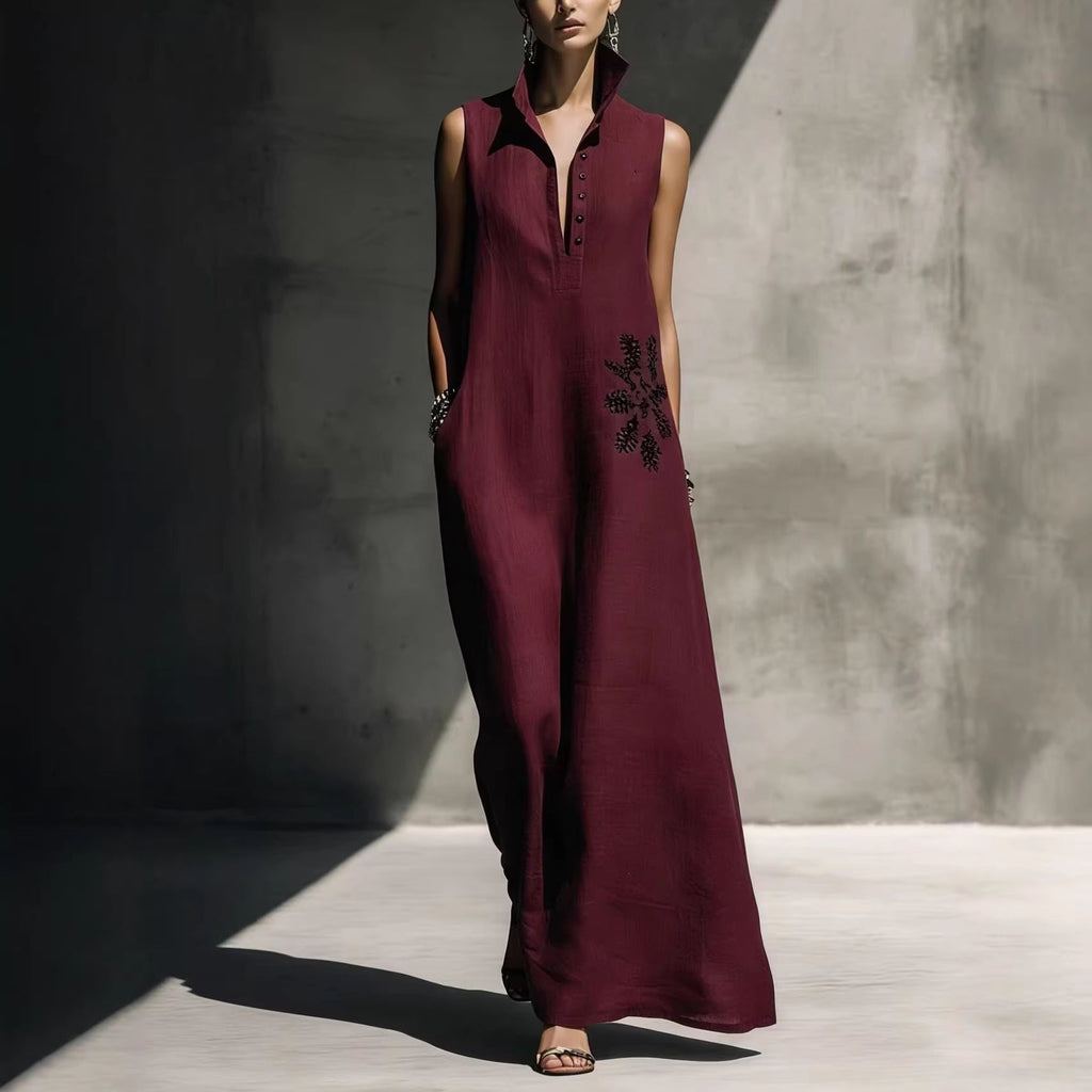 Women's Cotton Linen Mandarin Collar Graphic Print Maxi Dress - Image 4