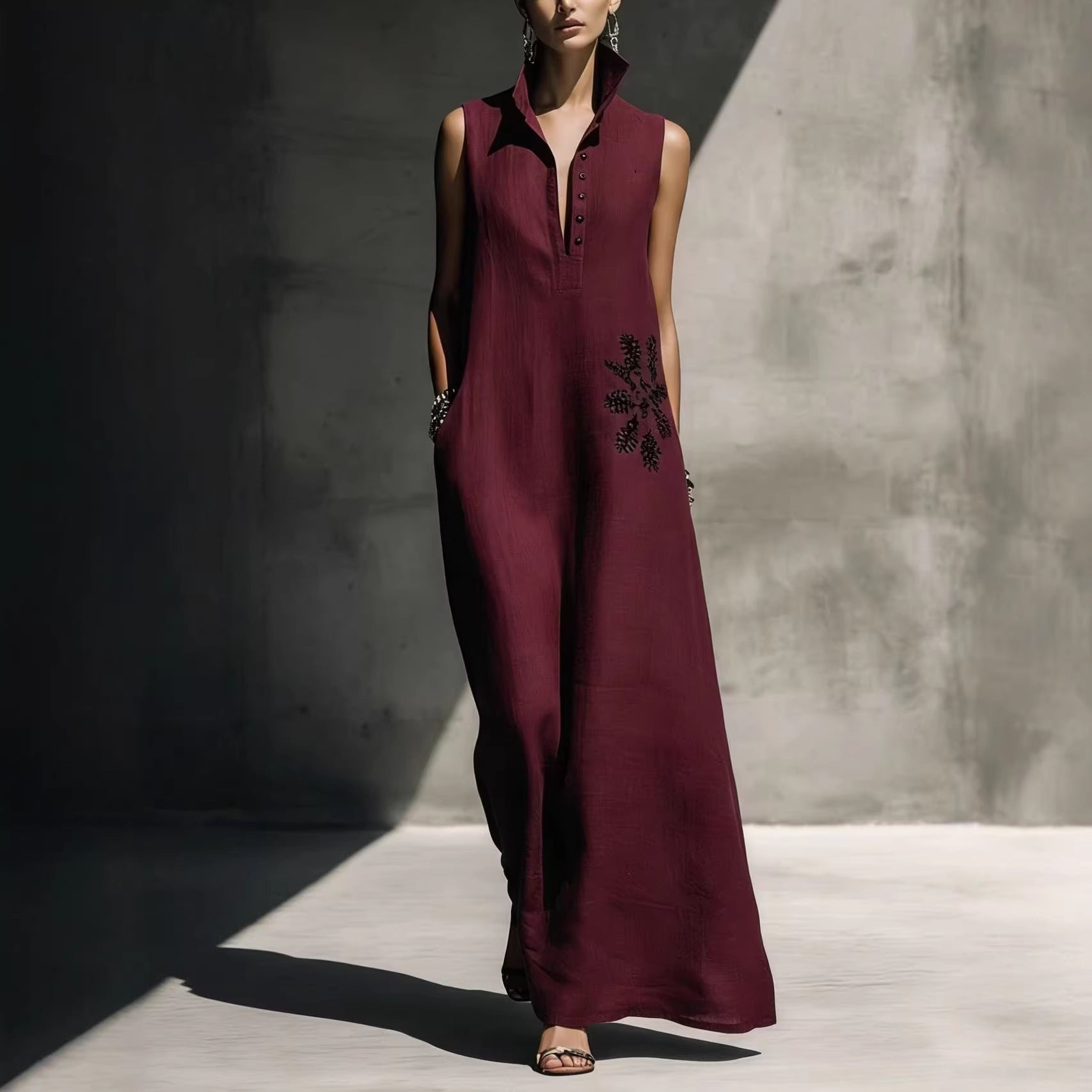 Women's Cotton Linen Mandarin Collar Graphic Print Maxi Dress - Image 4