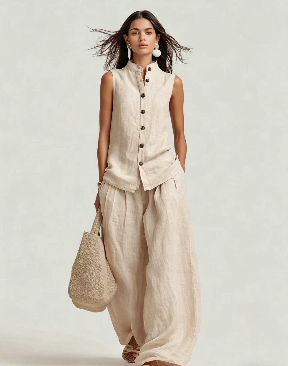 Sleeveless Stand Collar Top and Wide-Leg Pants Set - Image 7