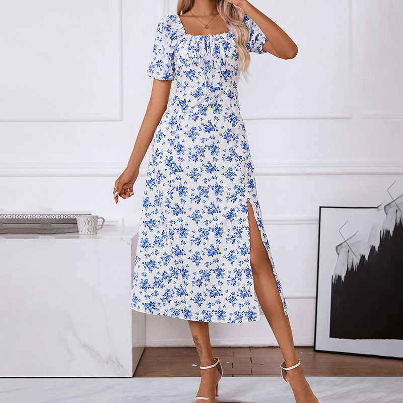 Women Square Neck Floral Print Puff Sleeve Side Slit Maxi Dress - Image 8