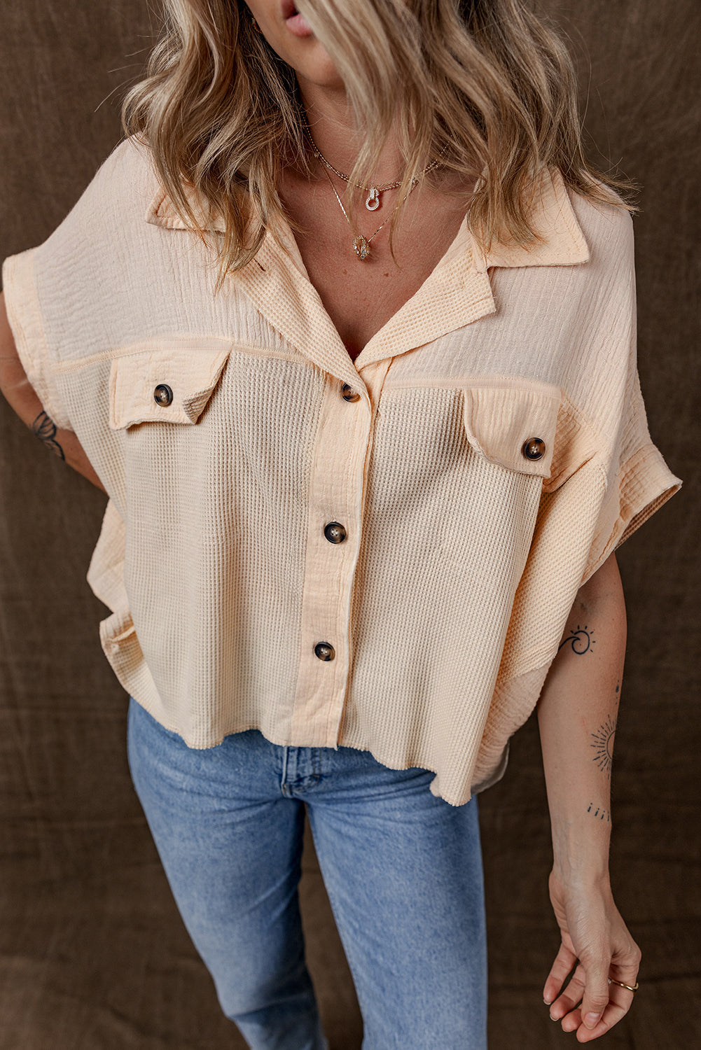 Beige Waffle Splicing Batwing Sleeve Shirt with Flap Detail