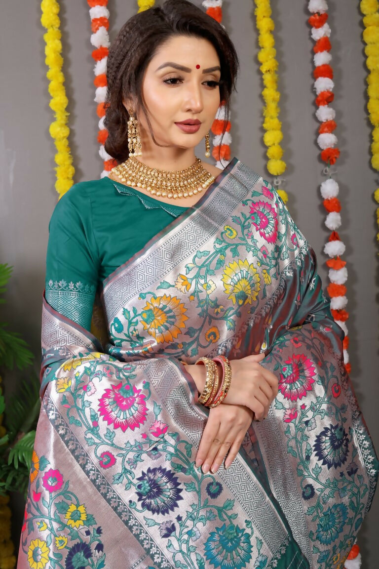 Bottle Green Banarasi Silk Zari Woven Saree with Matching Blouse
