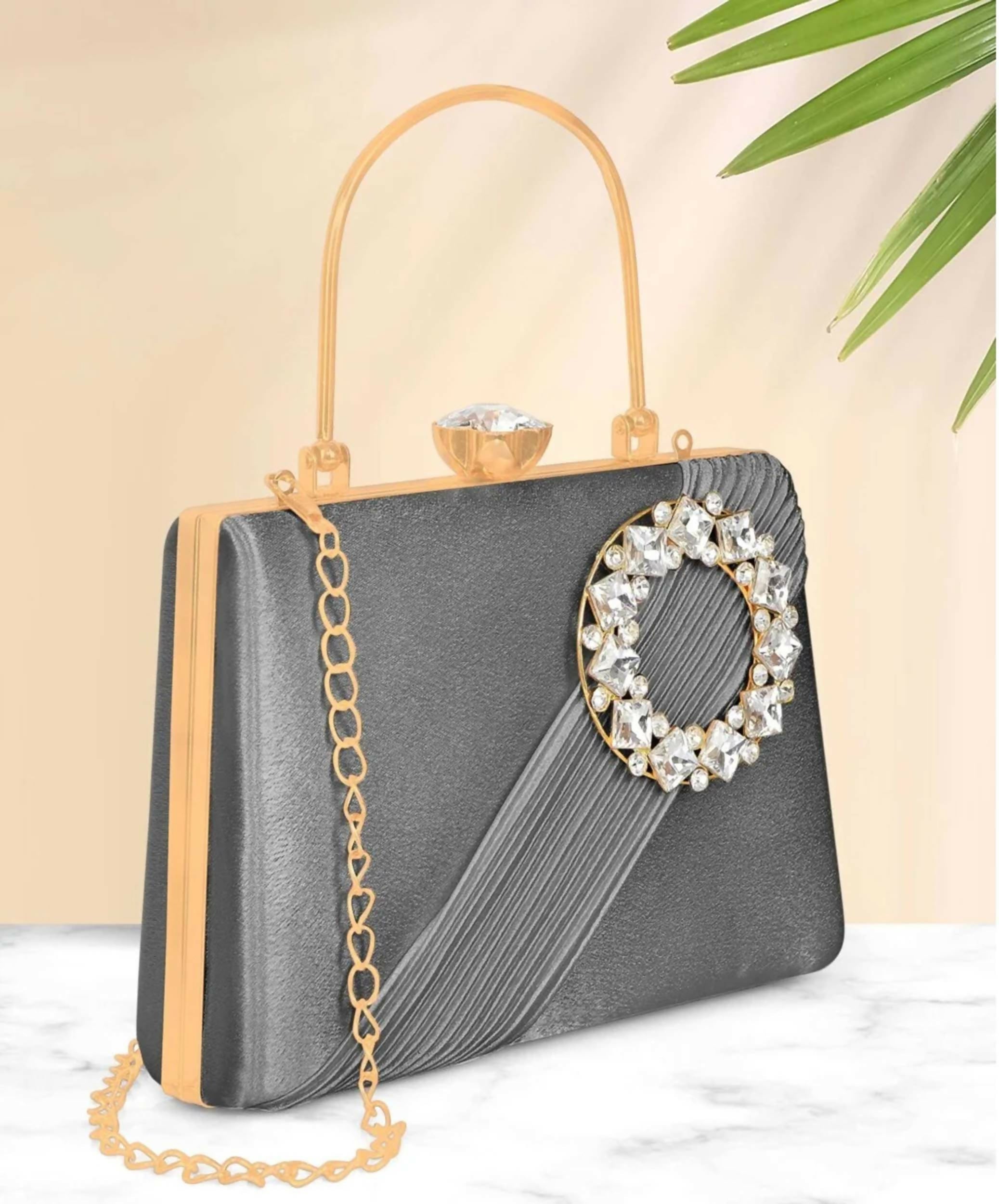 Luxurious grey satin evening clutch with a detachable silver chain strap