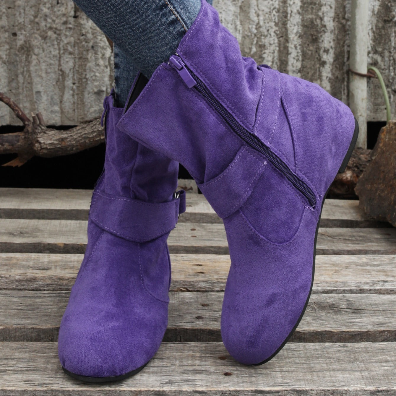 Women's Ankle Boots with Buckle Belt & Side Zip