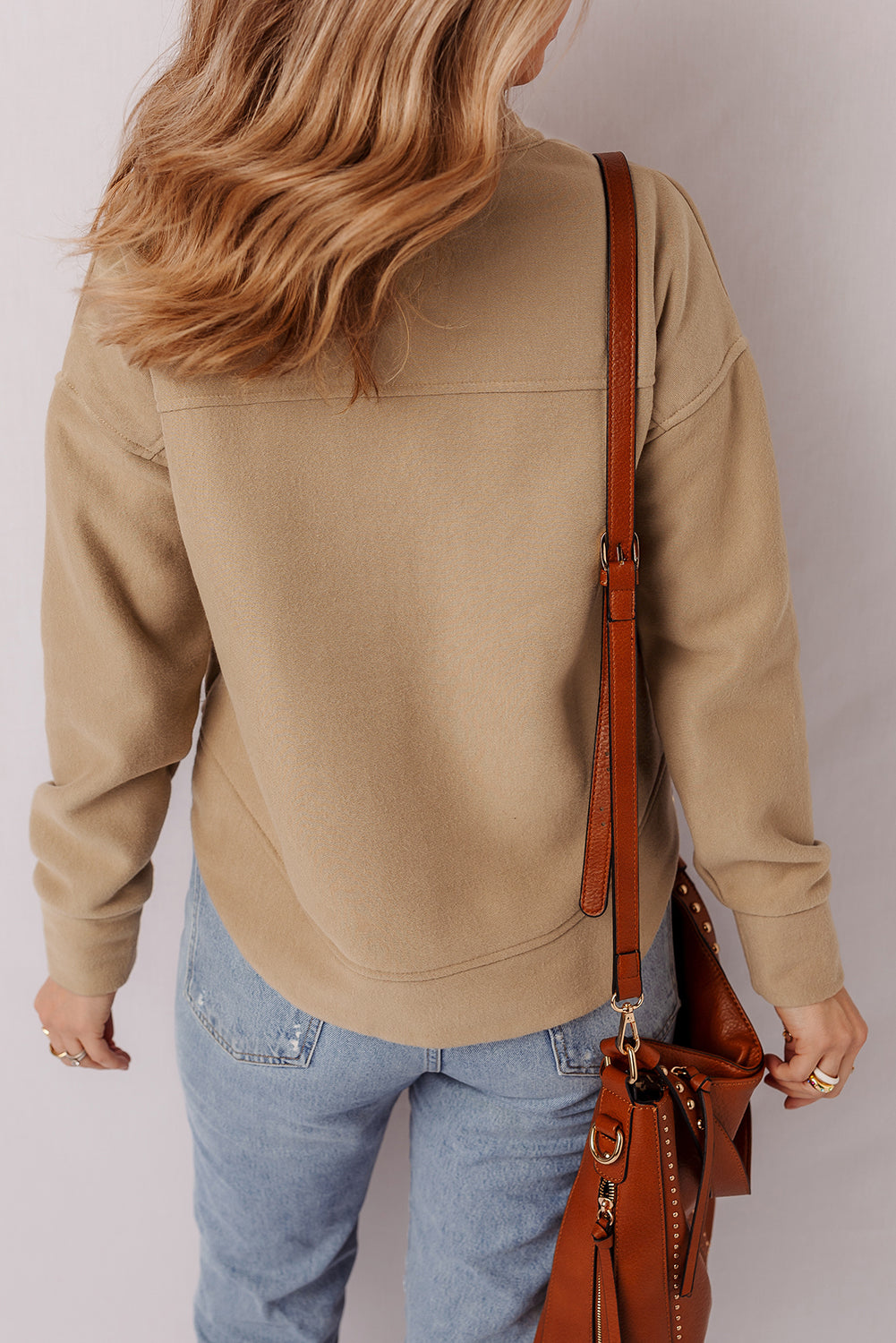 Women's Tan Grommet Detail Sweatshirt Long Sleeve Pullover