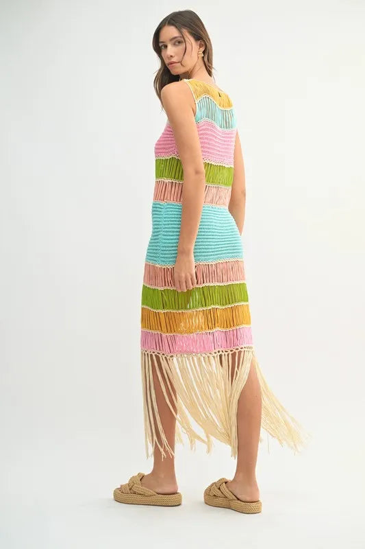 Multi Color Fringed Crochet Knit Mini Dress