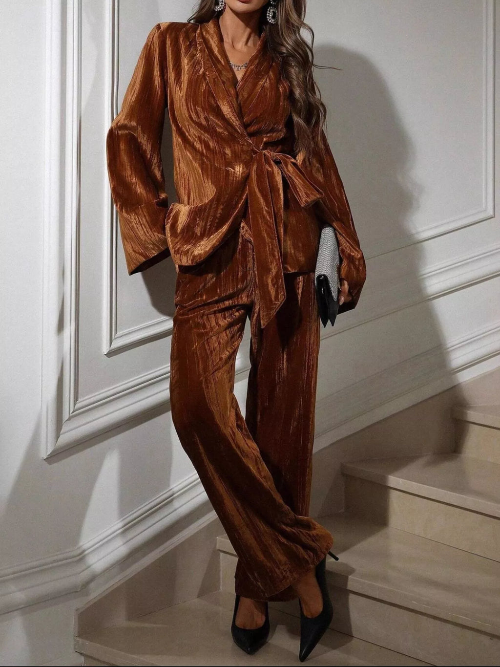 Velvet Tie Waist Blazer and Pants Set
