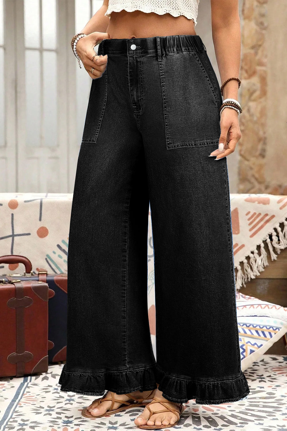 Black Elastic Waist Ruffled Wide Leg Denim Pants