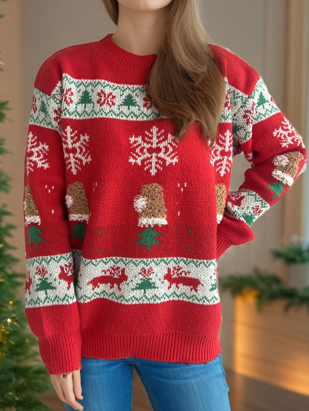 Women's Red Christmas Sweater with Festive Pattern Round Neck - Image 7
