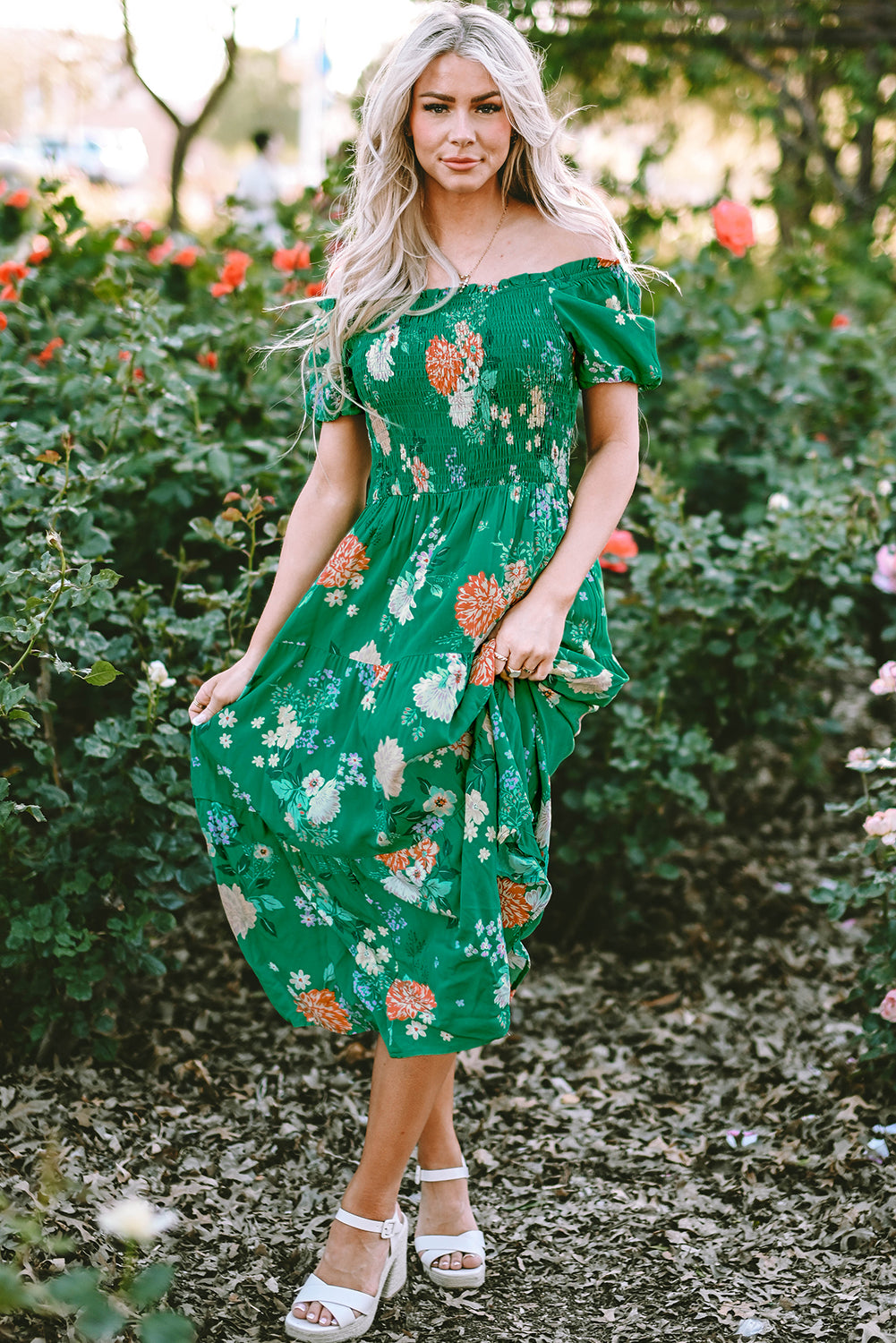 Floral Bubble Sleeve Smock Tiered Midi Dress