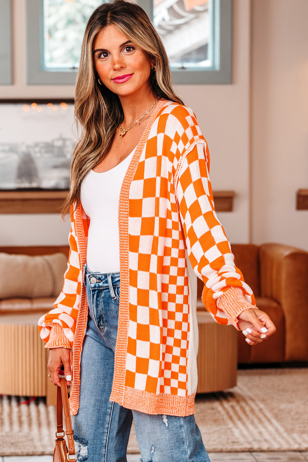 Wrenley Orange White Checkered Open Front Drop Shoulder Cardigan - Image 3