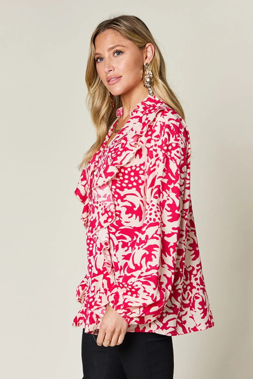 Printed Ruffle Trim Balloon Sleeve Shirt | Buttoned Blouse