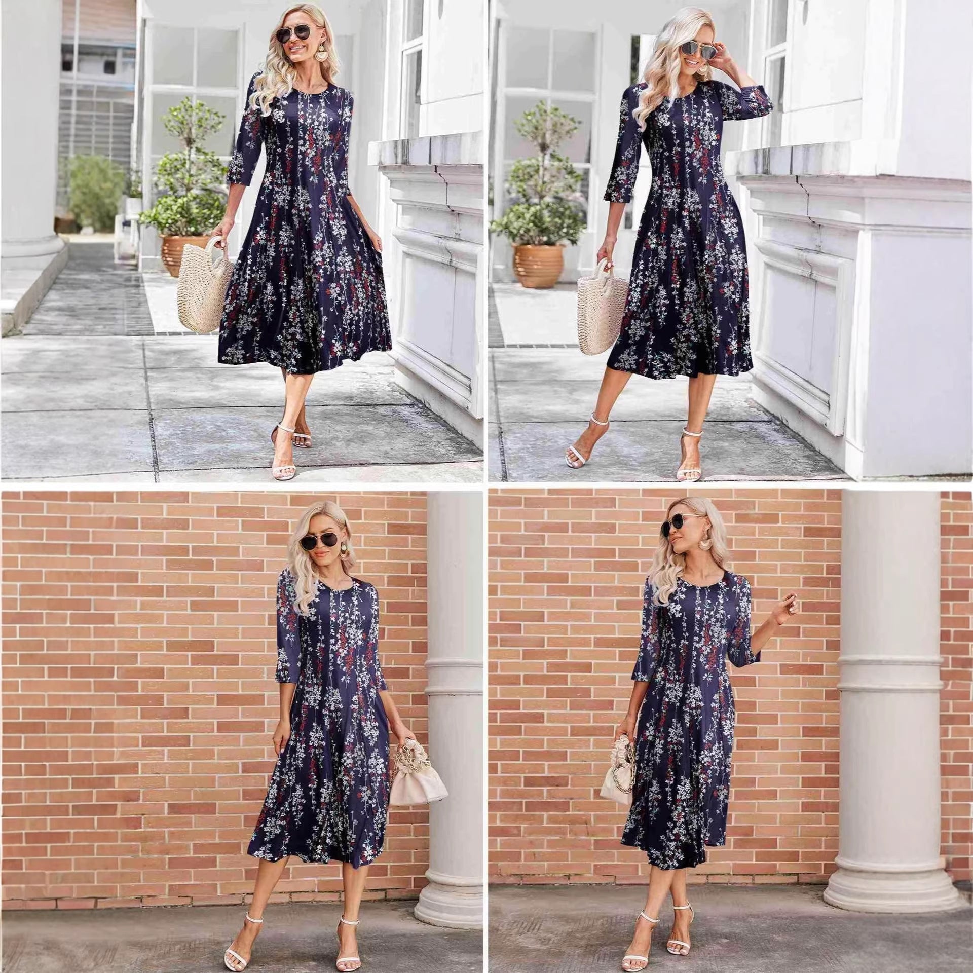 Women’s Floral Print Midi Dress with Three-Quarter Sleeves - Image 4