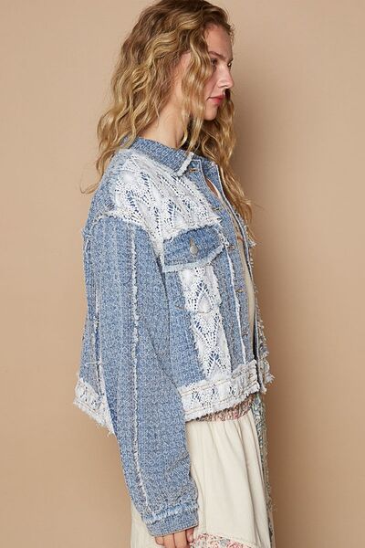 Boho Crochet Patch Button-Up Jacket with Delicate Embroidery