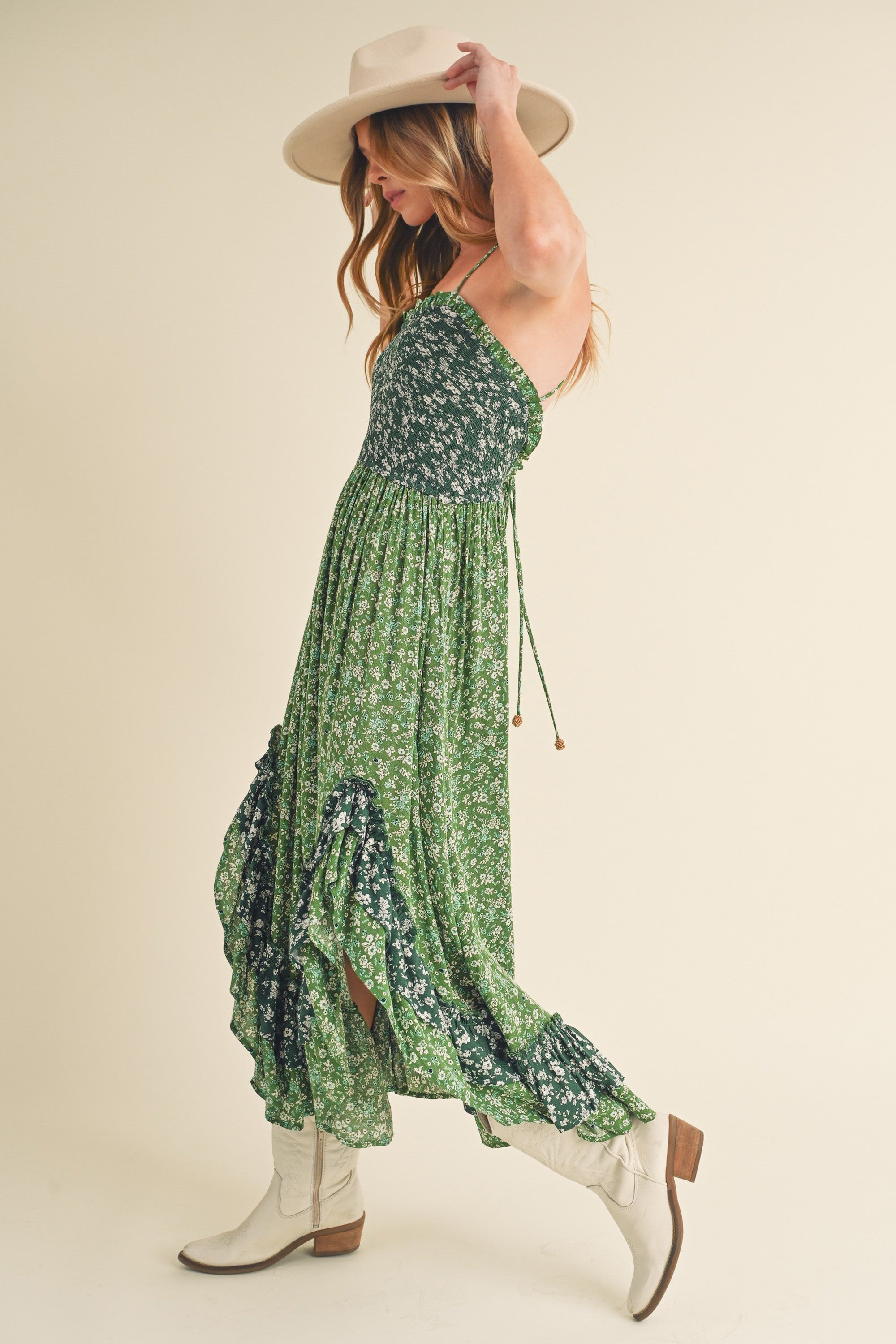 Ditsy Floral Ruffled Hem Maxi Cami Dress in Green & White