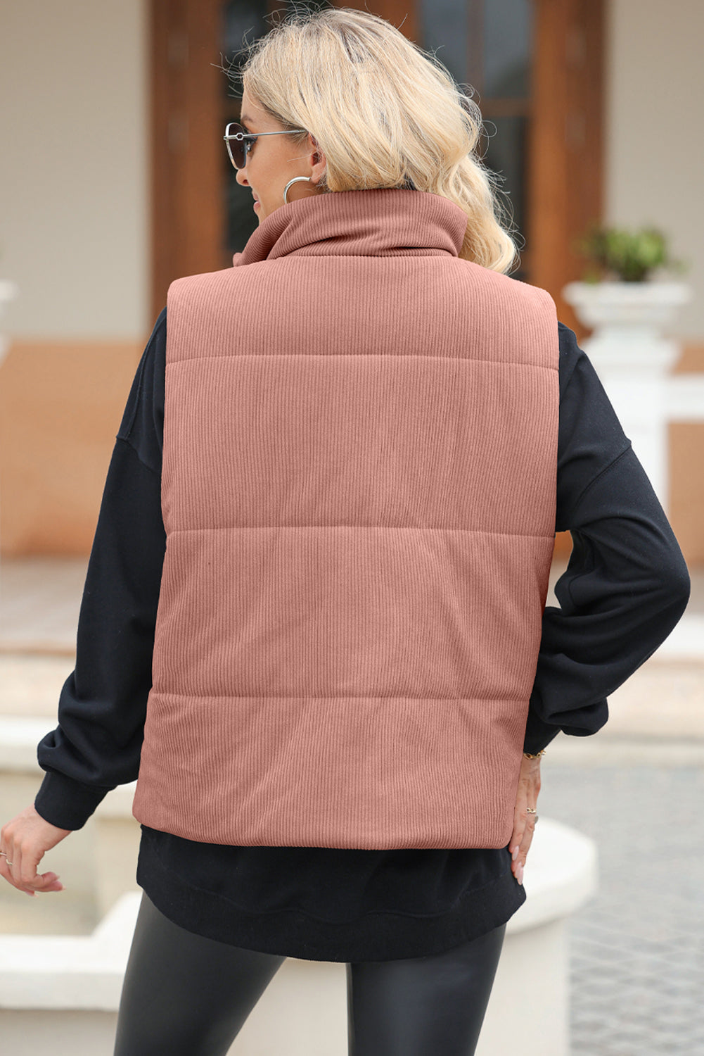 Pocketed Zip Up Turtleneck Vest Coat | Polyester