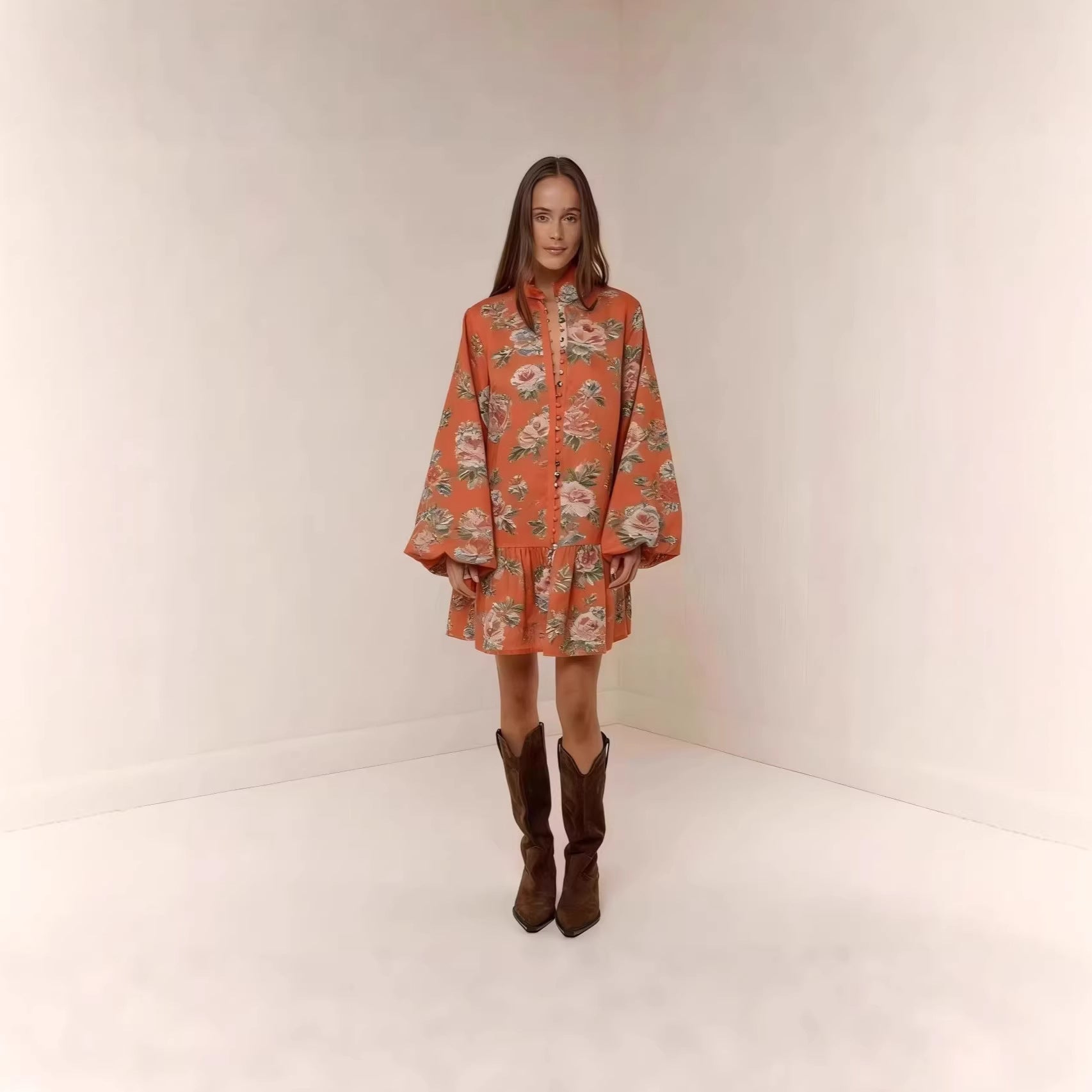 Floral Print Lantern Sleeve Mini Dress Button Front Linen Blend - Image 5