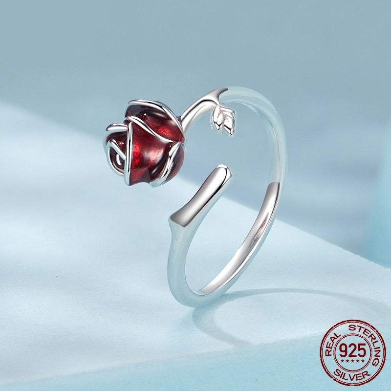 Vintage Red Rose Flower 925 Silver Adjustable Open Ring